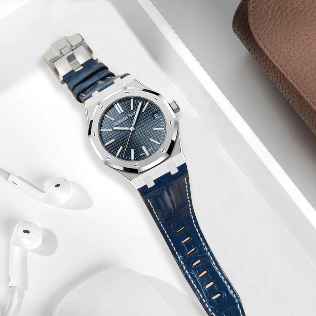 Blue Dial Audemars Piguet Royal Oak 15400 Leather Strap AP Royal