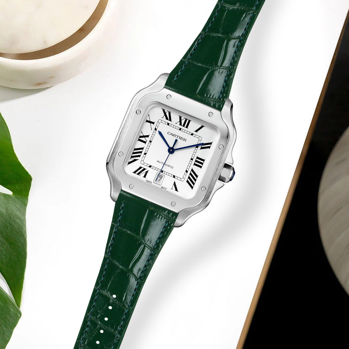 Cartier New Santos Quick Release Straps - Croco Bottled Green
