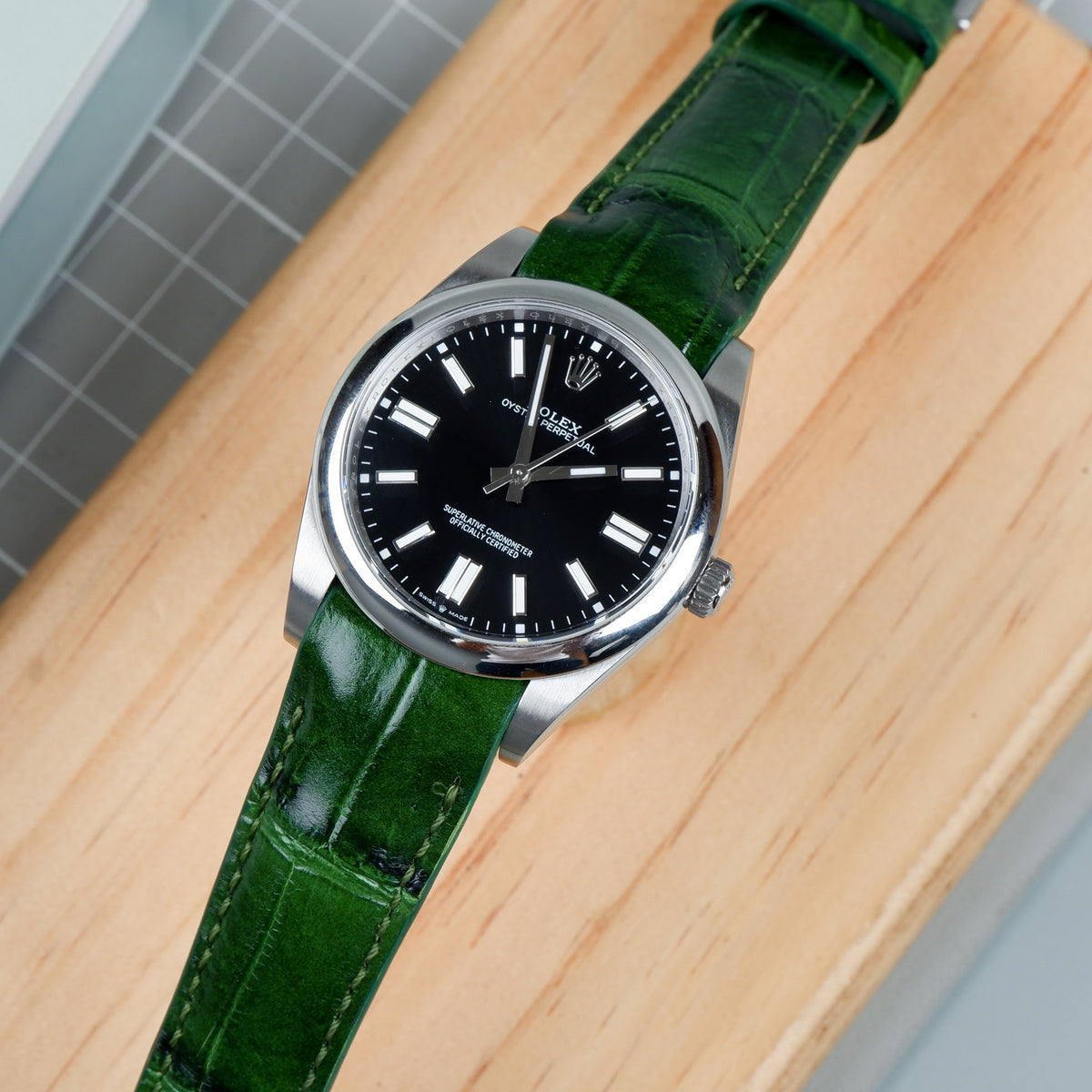 047◆ROLEX LEATHER WATCH BAND ALLIGATOR Rolex Oyster Perpetual Straps - Croco British Green – Liger