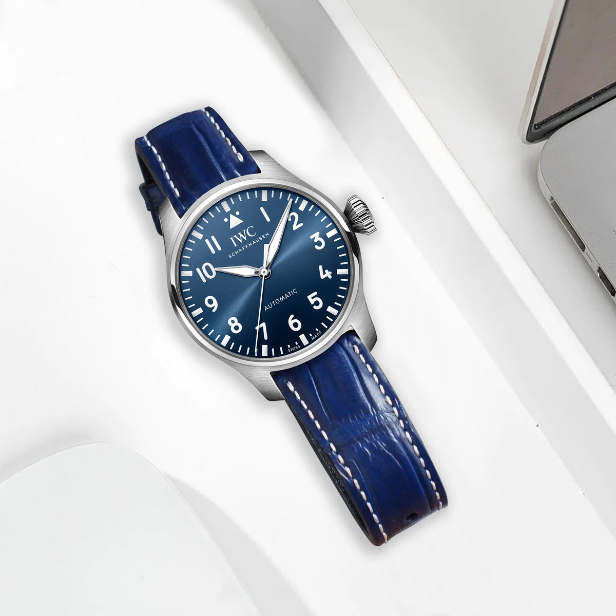 IWC ネイビー　レザーベルト　② IWC Pilot Straps - Croco Navy Blue – Liger Straps