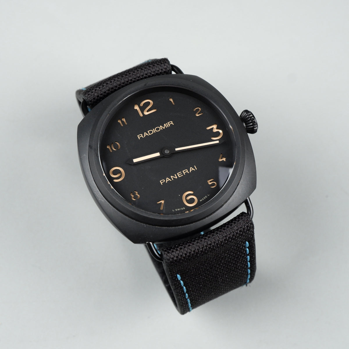 22mm Black Canvas & Calf Leather Watch Strap For Panerai Luminor Radiomir – Blue Stitch