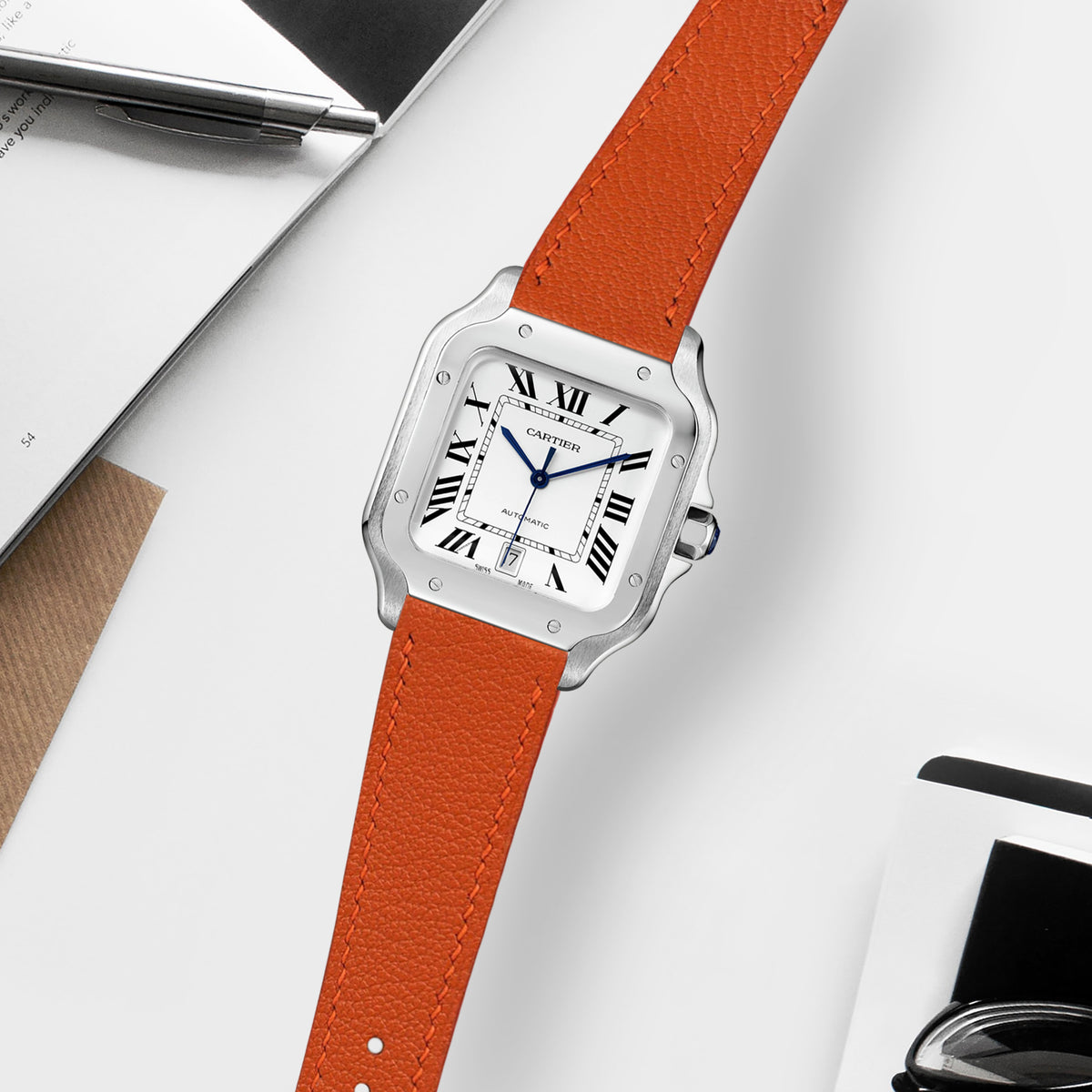 Cartier New Santos Quick Release Straps Chevre Orange