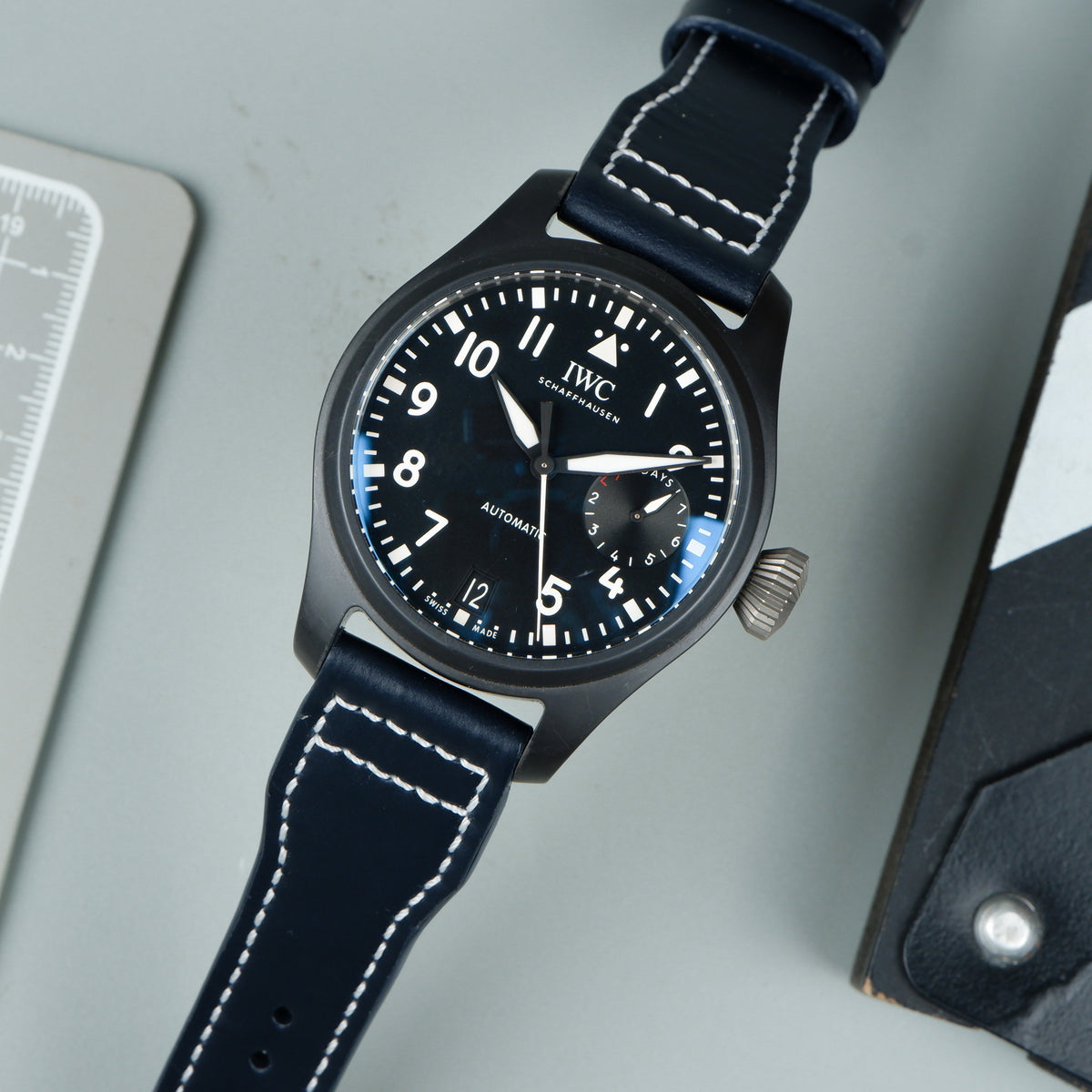 Custom navy blue epi leather pilot strap for IWC HDCLE74