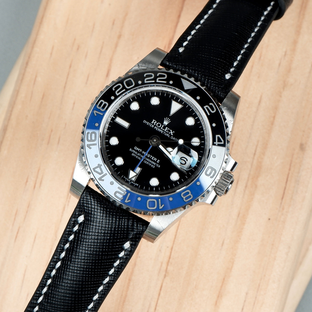Rolex GMT Master II Batman Straps Saffiano Black White Stitch