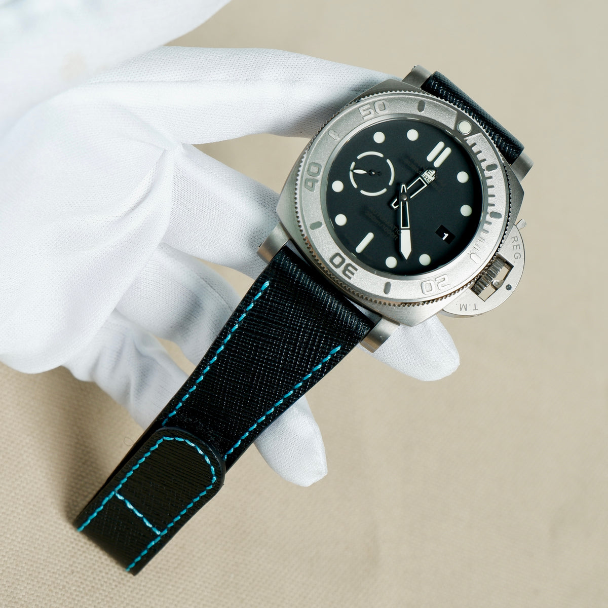 Panerai Submersible Straps Velcro Saffiano Black Blue Stitch