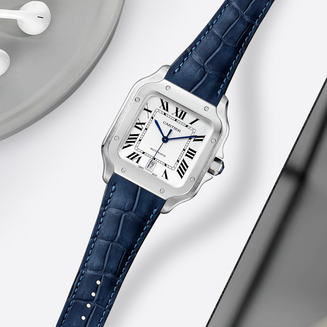 Cartier New Santos Quick Release Straps - Croco Nubuck Navy Blue