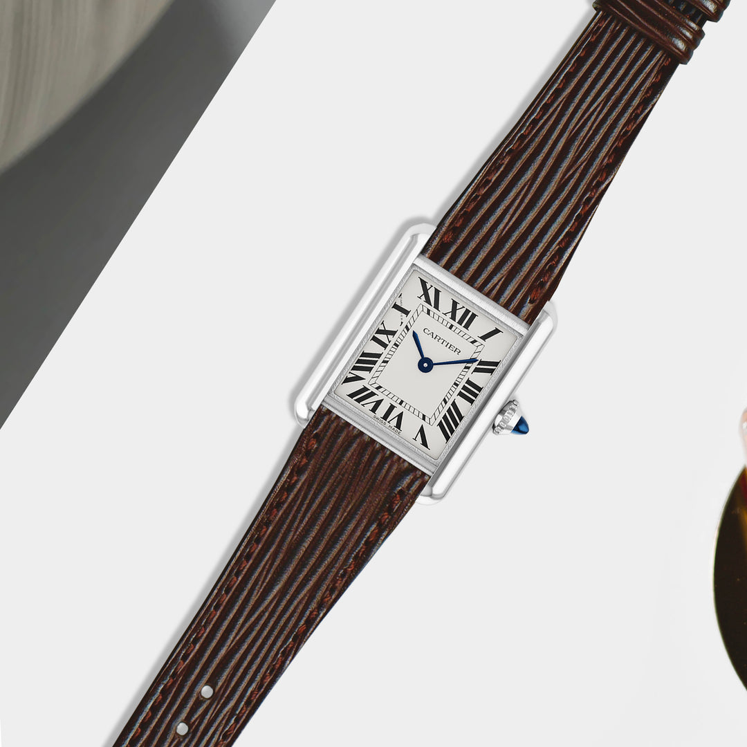 cartier tobacco Santos De Cartier Large Tobacco Brown Dial Bracelet... for Rp.179.334.389 for sale from a Trusted Seller on Chrono24 The dial of this Cartier Santos watch is protected by an anti reflective and scratch resistant sapphire crystal glass lens and features a black date aperture at 6 oclock Cartier Tank Straps - Epi