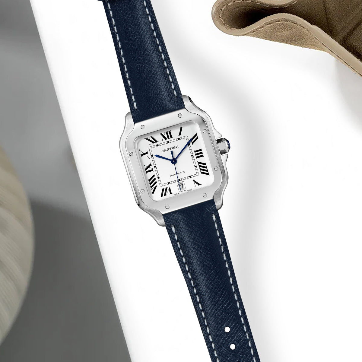 Cartier Santos 35mm White Dial Navy Blue Leather