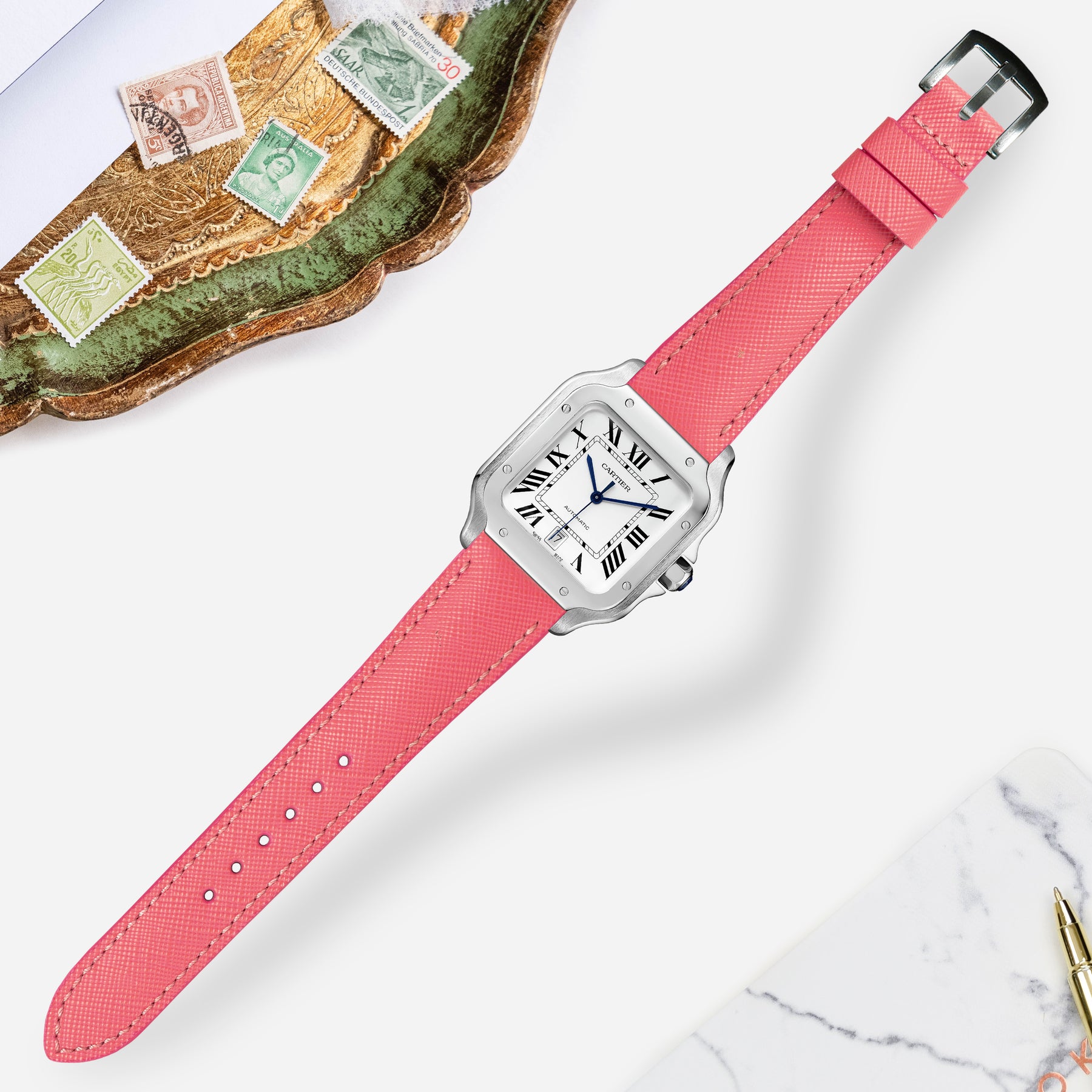 Cartier New Santos Quick Release Straps Saffiano Pink Liger Straps