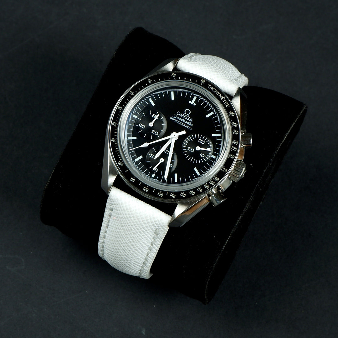 Omega speedmaster white dial leather strap best sale