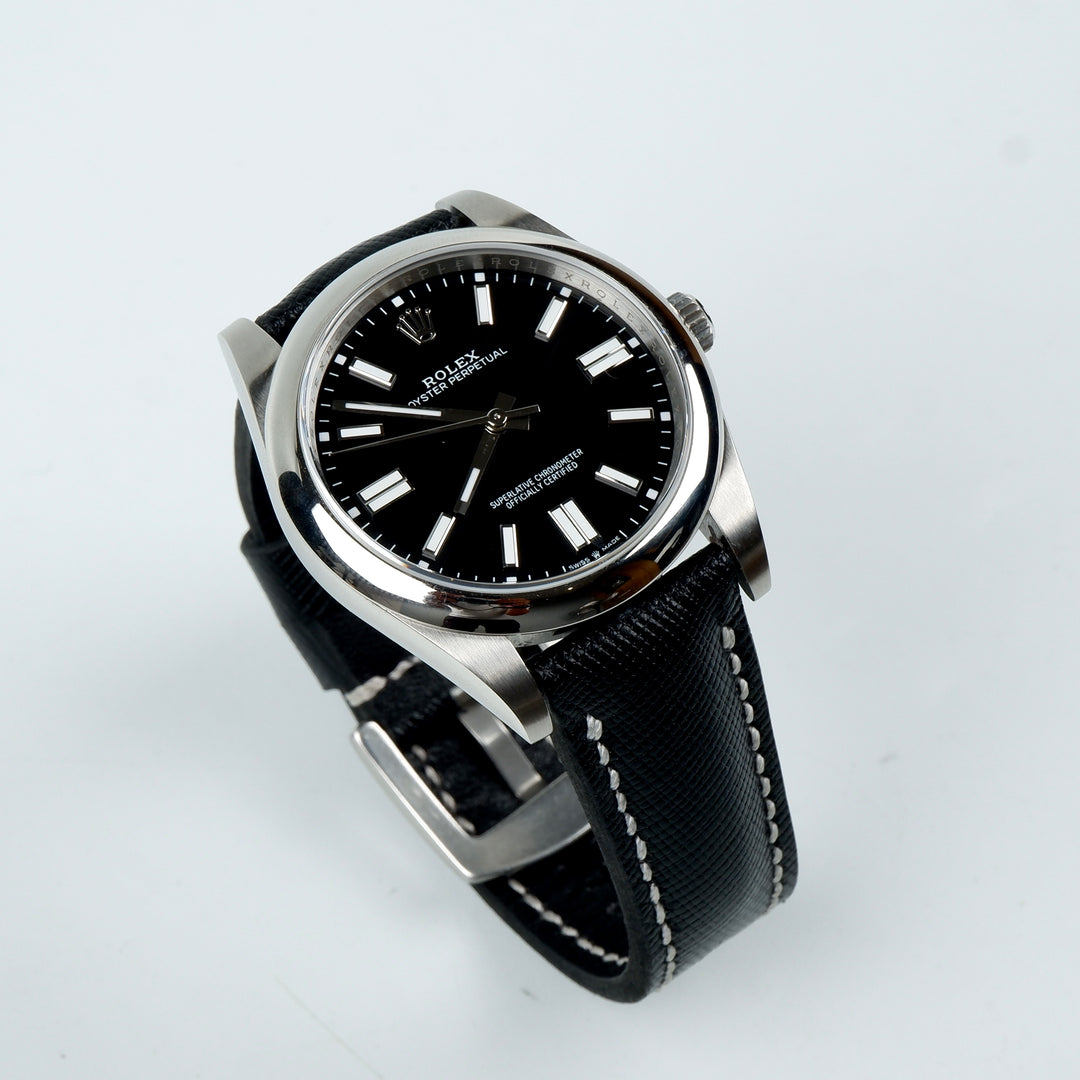 Rolex Oyster Perpetual Straps - Saffiano Black White Stitch Rolex Oyster Perpetual Straps - Saffiano Black White Stitch