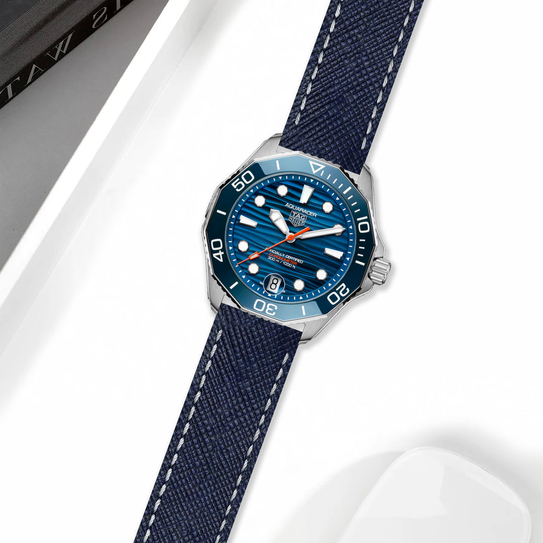 Tag Heuer Aquaracer Straps Saffiano Navy Blue White Stitch