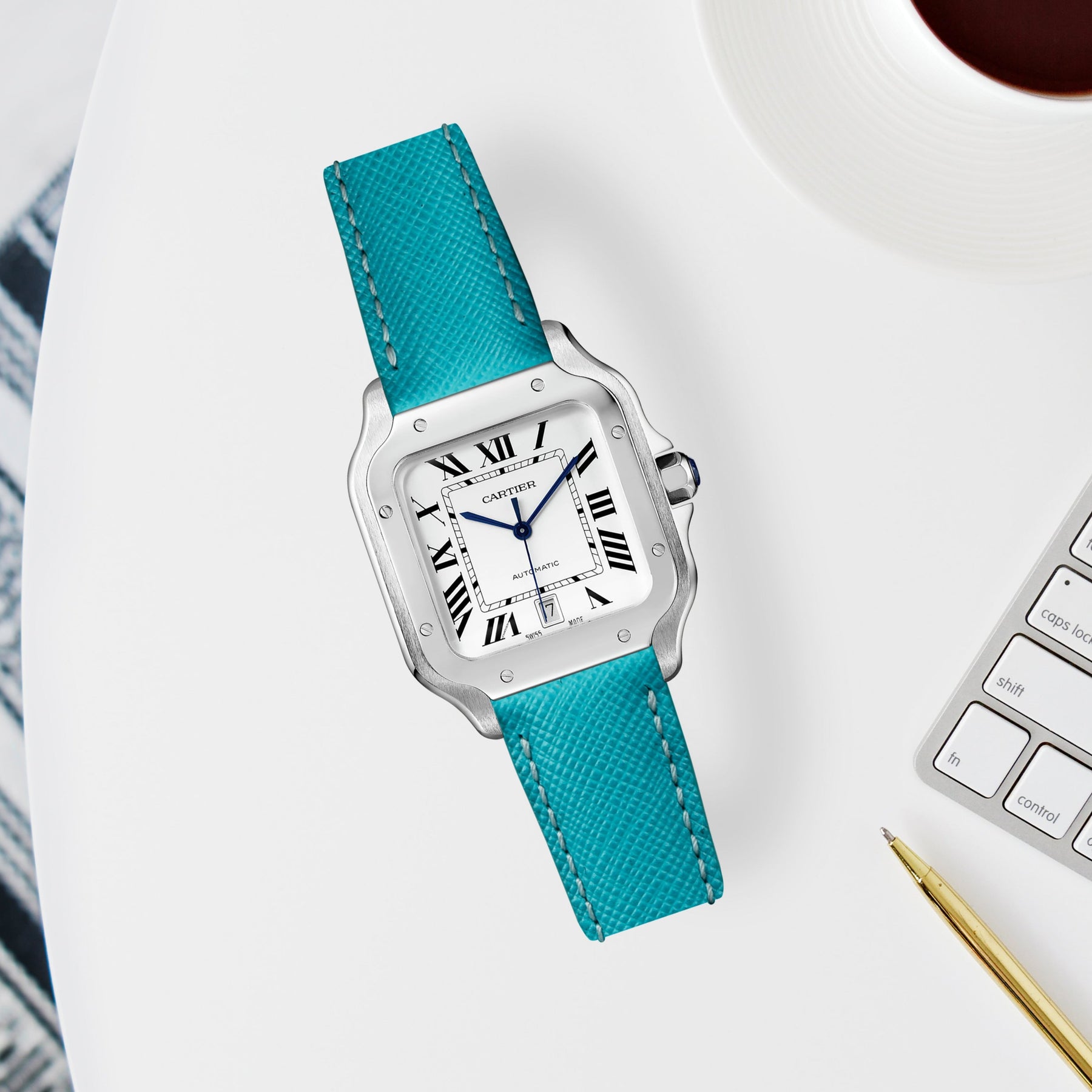 Cartier New Santos Quick Release Straps Saffiano Tiffany Blue