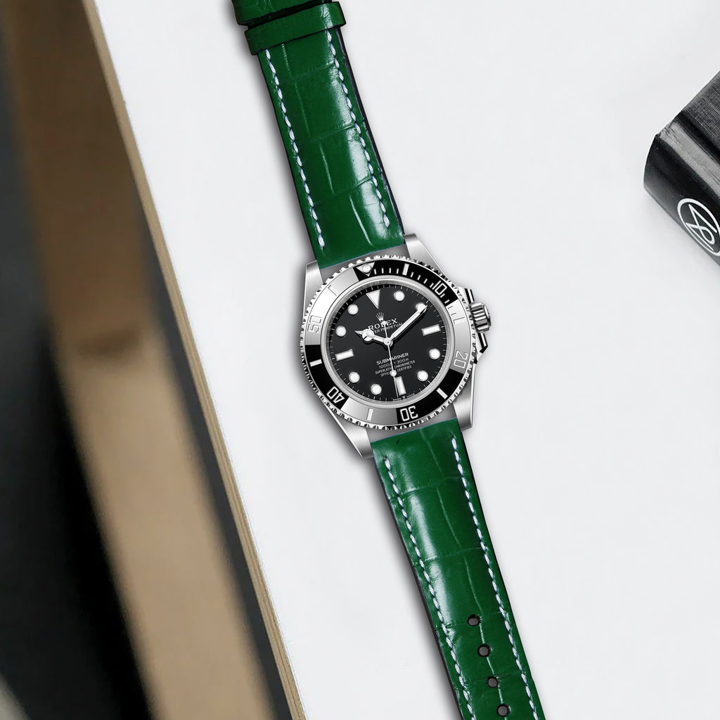 Handmade Hand-stitched Watch Strap in Hunter Green Crocodile Leather For  Client’s Rolex Starbucks 126610LV Watch