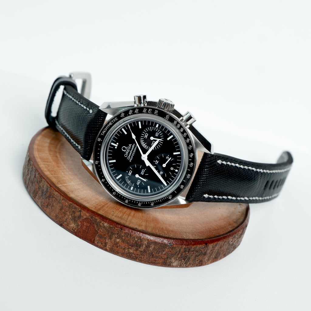 Omega Speedmaster Moonwatch Straps - Saffiano Black White Stitch