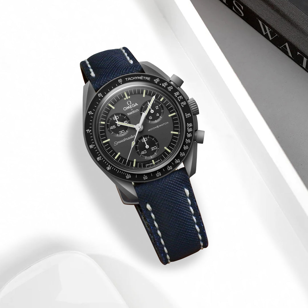 Omega MoonSwatch X Swatch Straps - Saffiano Navy Blue White Stitch