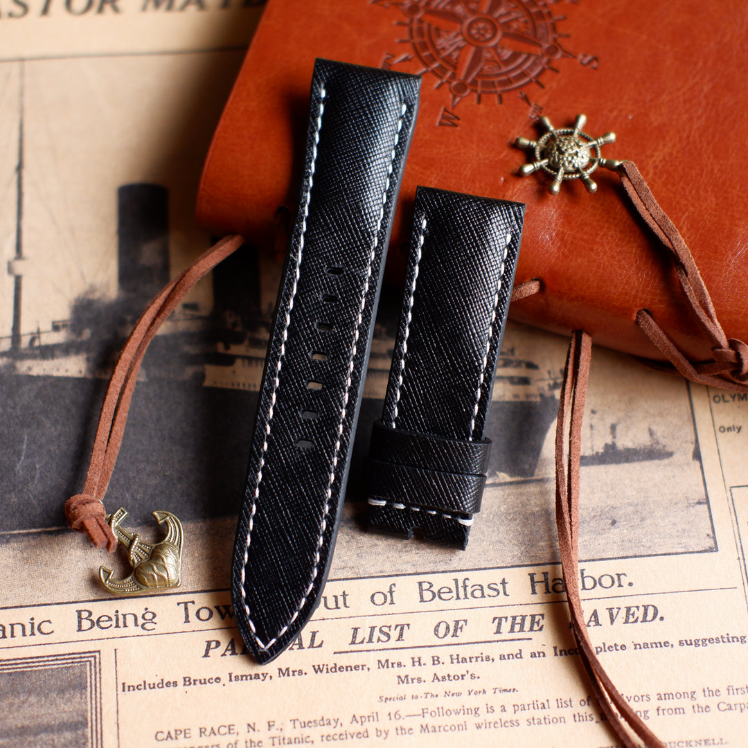 Panerai Luminor Straps - Saffiano Black White Stitch – Liger Straps